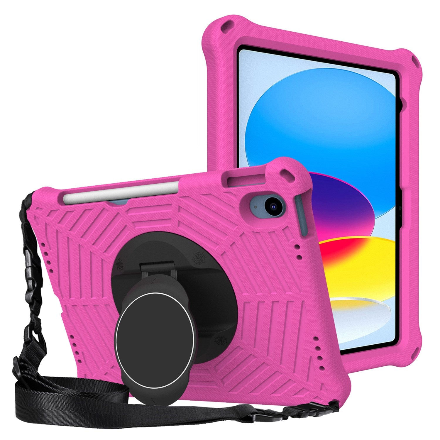 For iPad 10.9 (2022) Spider Web Texture Shockproof EVA Case 360 Degree Rotation Kickstand Cover with Shoulder Strap