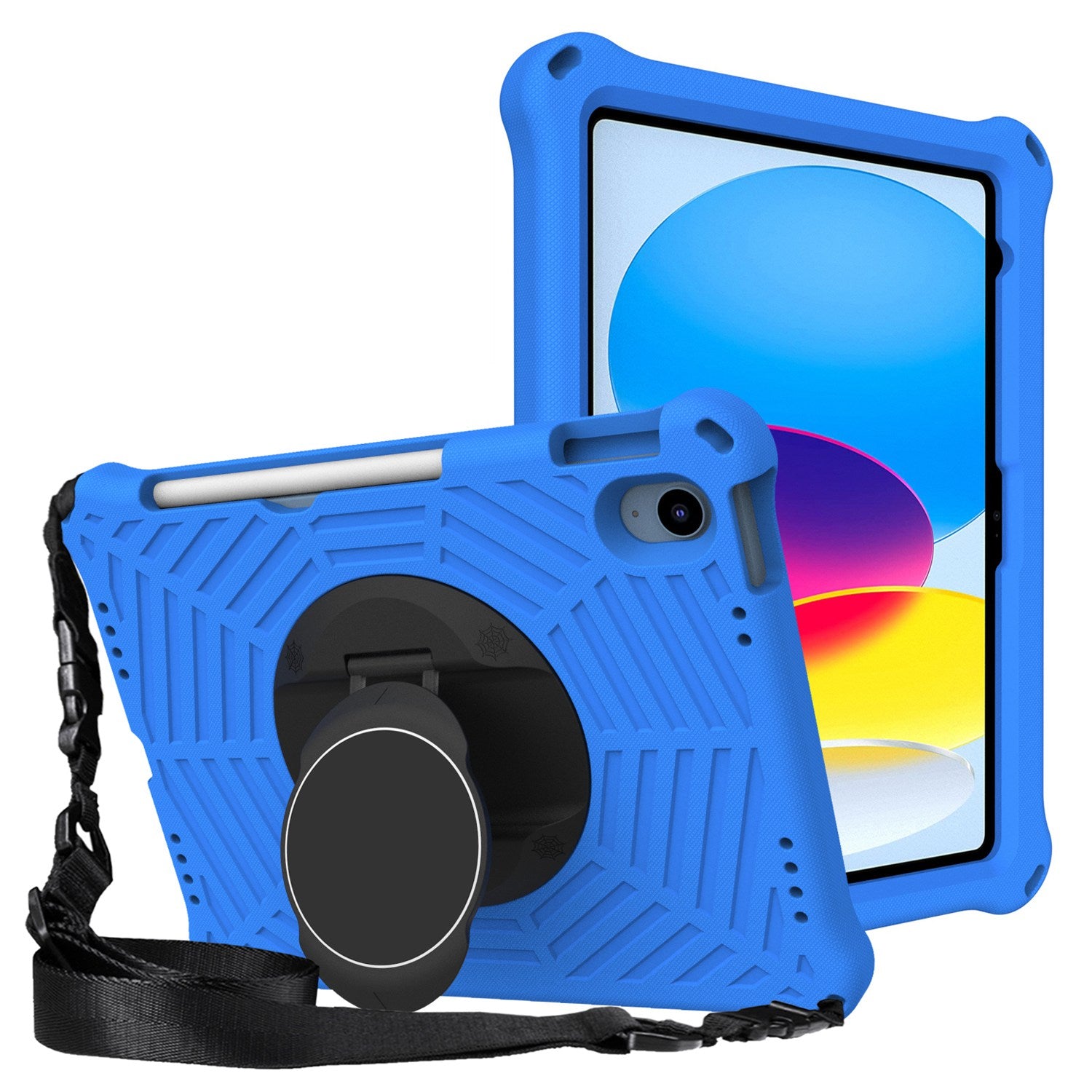 For iPad 10.9 (2022) Spider Web Texture Shockproof EVA Case 360 Degree Rotation Kickstand Cover with Shoulder Strap