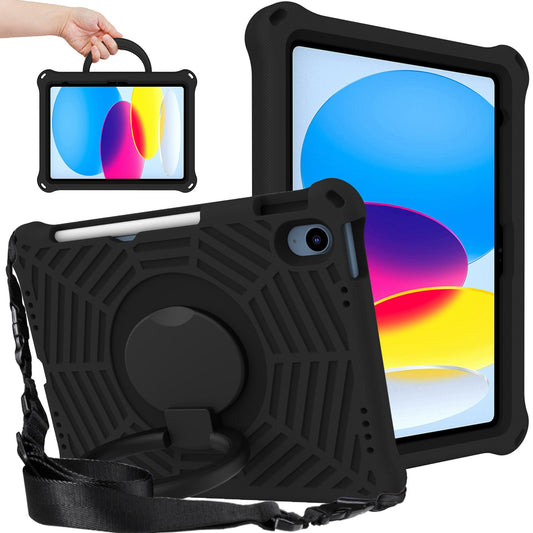 For iPad 10.9 (2022) Spider Web Texture Hand Grip Kickstand Cover Drop-proof Protective Tablet Case with Shoulder Strap