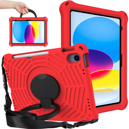 For iPad 10.9 (2022) Spider Web Texture Hand Grip Kickstand Cover Drop-proof Protective Tablet Case with Shoulder Strap