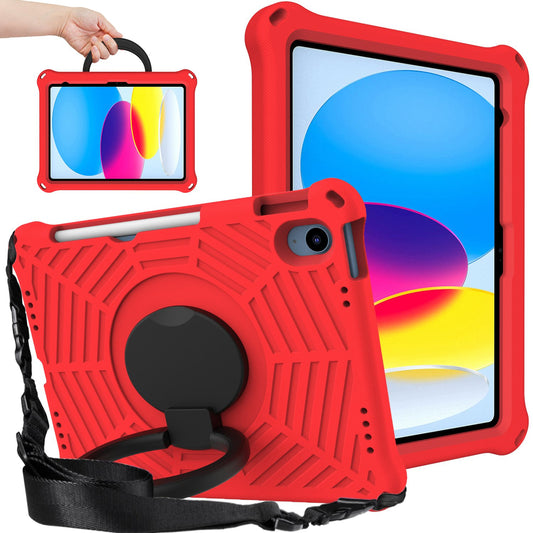 For iPad 10.9 (2022) Spider Web Texture Hand Grip Kickstand Cover Drop-proof Protective Tablet Case with Shoulder Strap