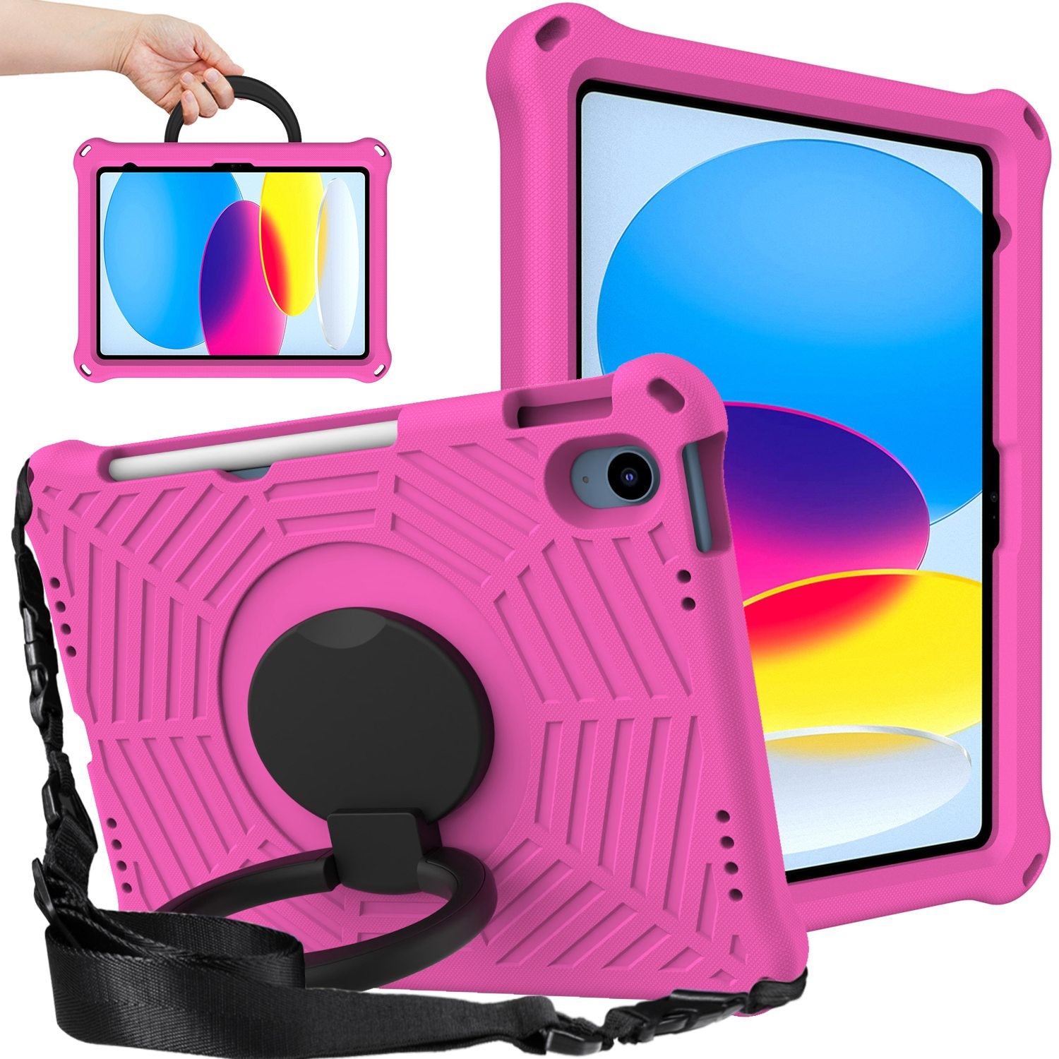 For iPad 10.9 (2022) Spider Web Texture Hand Grip Kickstand Cover Drop-proof Protective Tablet Case with Shoulder Strap