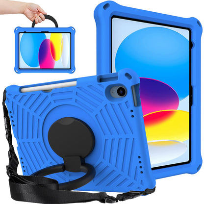 For iPad 10.9 (2022) Spider Web Texture Hand Grip Kickstand Cover Drop-proof Protective Tablet Case with Shoulder Strap