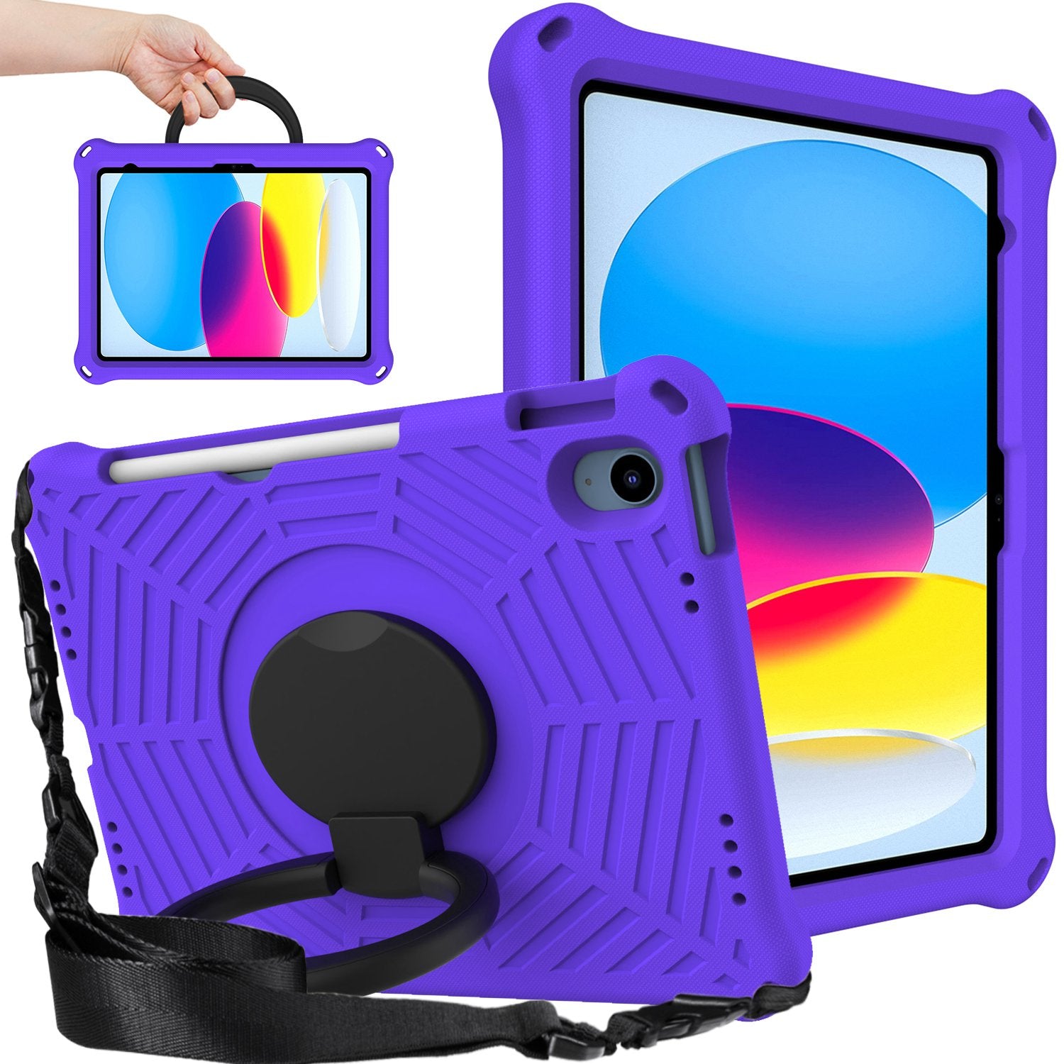 For iPad 10.9 (2022) Spider Web Texture Hand Grip Kickstand Cover Drop-proof Protective Tablet Case with Shoulder Strap
