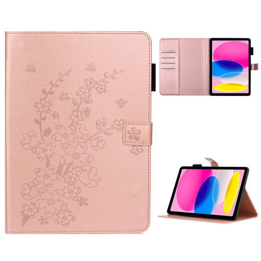 For iPad 10.9 (2022) / iPad 10th Gen Imprinted Plum Blossom Pattern Viewing Stand Shell Wallet Design PU Leather Shock Absorbing Tablet Case with Pen Holder