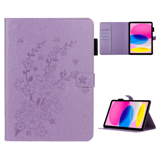 For iPad 10.9 (2022) / iPad 10th Gen Imprinted Plum Blossom Pattern Viewing Stand Shell Wallet Design PU Leather Shock Absorbing Tablet Case with Pen Holder