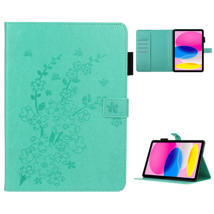 For iPad 10.9 (2022) / iPad 10th Gen Imprinted Plum Blossom Pattern Viewing Stand Shell Wallet Design PU Leather Shock Absorbing Tablet Case with Pen Holder