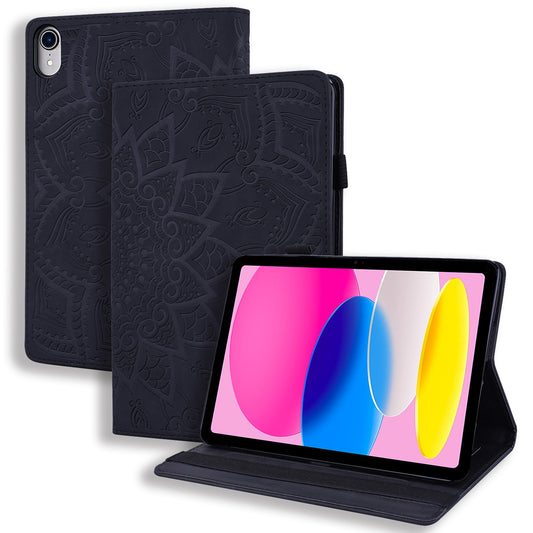 For iPad 10.9 (2022) / iPad 10th Gen Imprinted Flower Pattern PU Leather Case Stand Card Slot Elastic Band Protective Tablet Cover with Pen Loop Holder