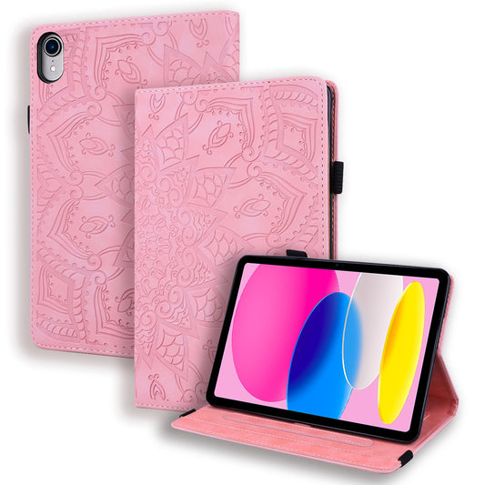 For iPad 10.9 (2022) / iPad 10th Gen Imprinted Flower Pattern PU Leather Case Stand Card Slot Elastic Band Protective Tablet Cover with Pen Loop Holder