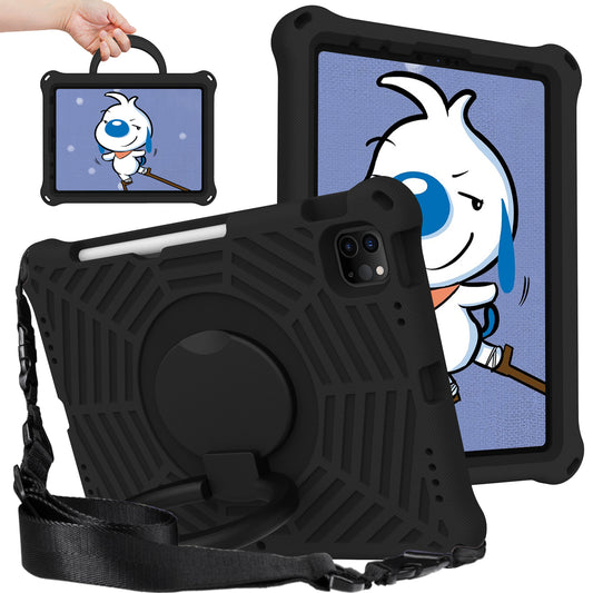 For iPad Pro 11-inch (2018) / (2020) / (2021) / (2022) / Air (2020) / (2022) Shockproof Case Spider Web Texture Kickstand Hand Grip Tablet Cover with Shoulder Strap