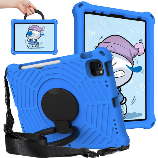 For iPad Pro 11-inch (2018) / (2020) / (2021) / (2022) / Air (2020) / (2022) Shockproof Case Spider Web Texture Kickstand Hand Grip Tablet Cover with Shoulder Strap