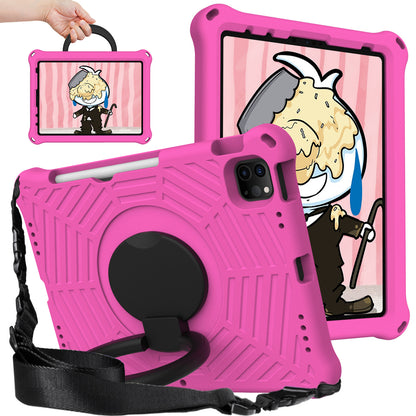 For iPad Pro 11-inch (2018) / (2020) / (2021) / (2022) / Air (2020) / (2022) Shockproof Case Spider Web Texture Kickstand Hand Grip Tablet Cover with Shoulder Strap