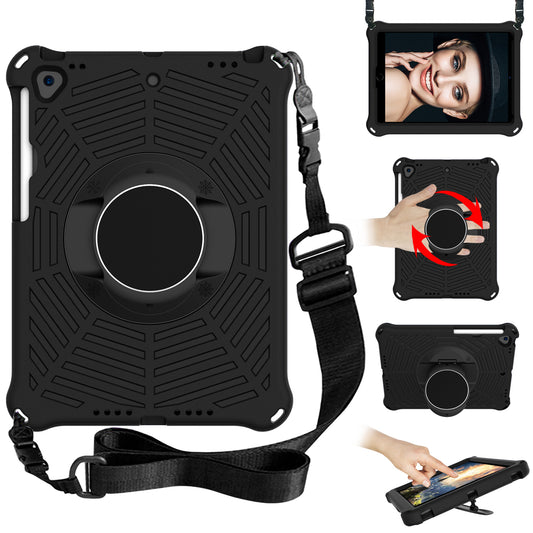 For iPad 10.2 (2021) / (2020) / (2019) Kids Spider Web Texture Tablet Case Sturdy EVA Rotation Kickstand Cover with  Shoulder Carrying Strap