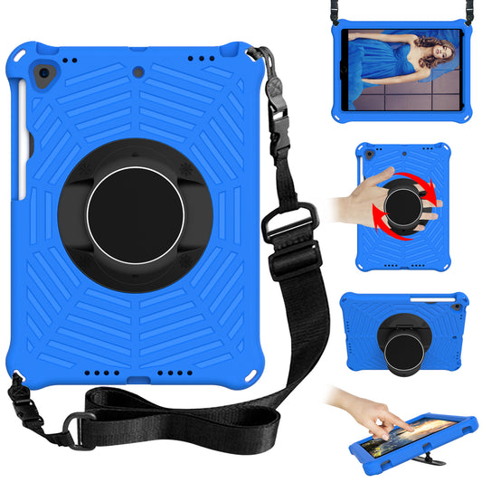 For iPad 10.2 (2021) / (2020) / (2019) Kids Spider Web Texture Tablet Case Sturdy EVA Rotation Kickstand Cover with  Shoulder Carrying Strap