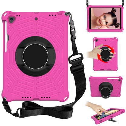 For iPad 10.2 (2021) / (2020) / (2019) Kids Spider Web Texture Tablet Case Sturdy EVA Rotation Kickstand Cover with  Shoulder Carrying Strap
