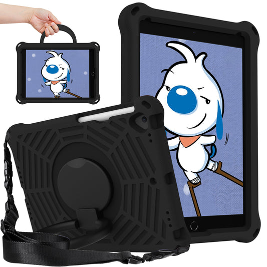 For iPad 10.2 (2021) / (2020) / (2019) Spider Web Texture EVA Tablet Case Hand Grip Kickstand Shockproof Protective Cover with Shoulder Strap
