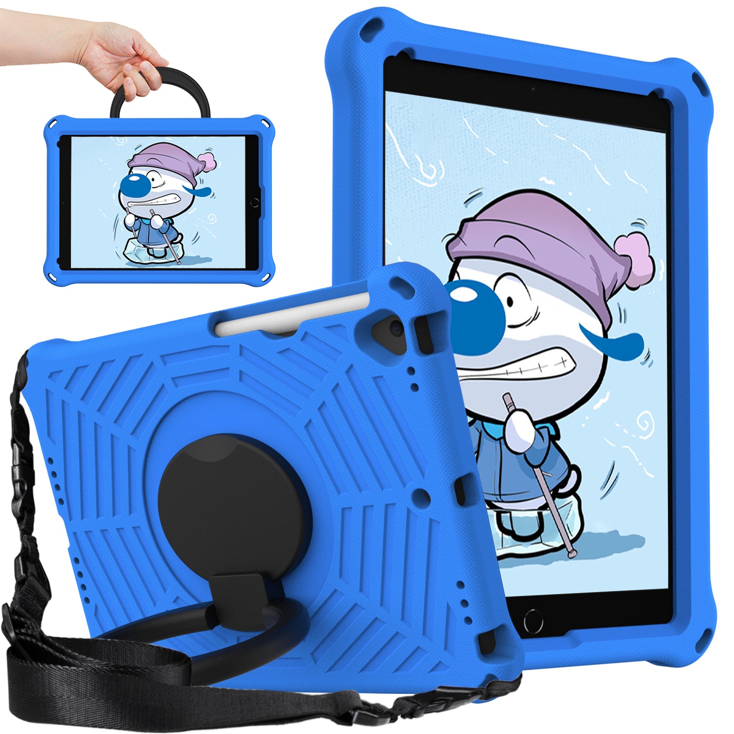 For iPad 10.2 (2021) / (2020) / (2019) Spider Web Texture EVA Tablet Case Hand Grip Kickstand Shockproof Protective Cover with Shoulder Strap