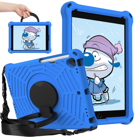 For iPad 10.2 (2021) / (2020) / (2019) Spider Web Texture EVA Tablet Case Hand Grip Kickstand Shockproof Protective Cover with Shoulder Strap