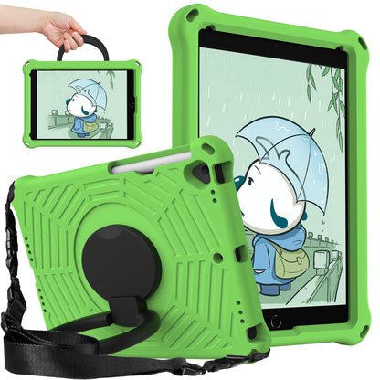 For iPad 10.2 (2021) / (2020) / (2019) Spider Web Texture EVA Tablet Case Hand Grip Kickstand Shockproof Protective Cover with Shoulder Strap