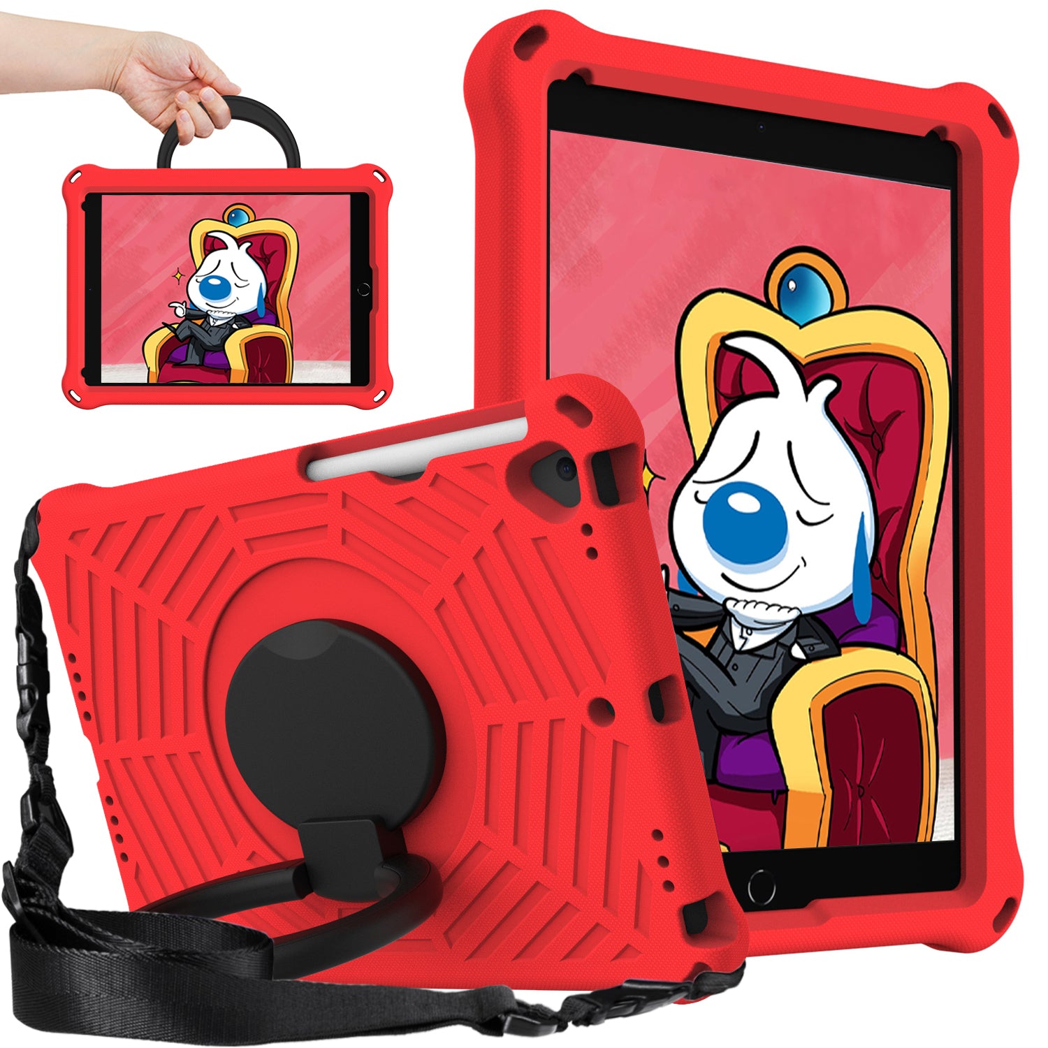 For iPad 10.2 (2021) / (2020) / (2019) Spider Web Texture EVA Tablet Case Hand Grip Kickstand Shockproof Protective Cover with Shoulder Strap