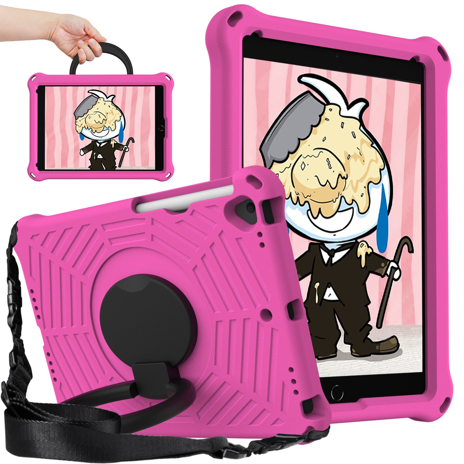 For iPad 10.2 (2021) / (2020) / (2019) Spider Web Texture EVA Tablet Case Hand Grip Kickstand Shockproof Protective Cover with Shoulder Strap