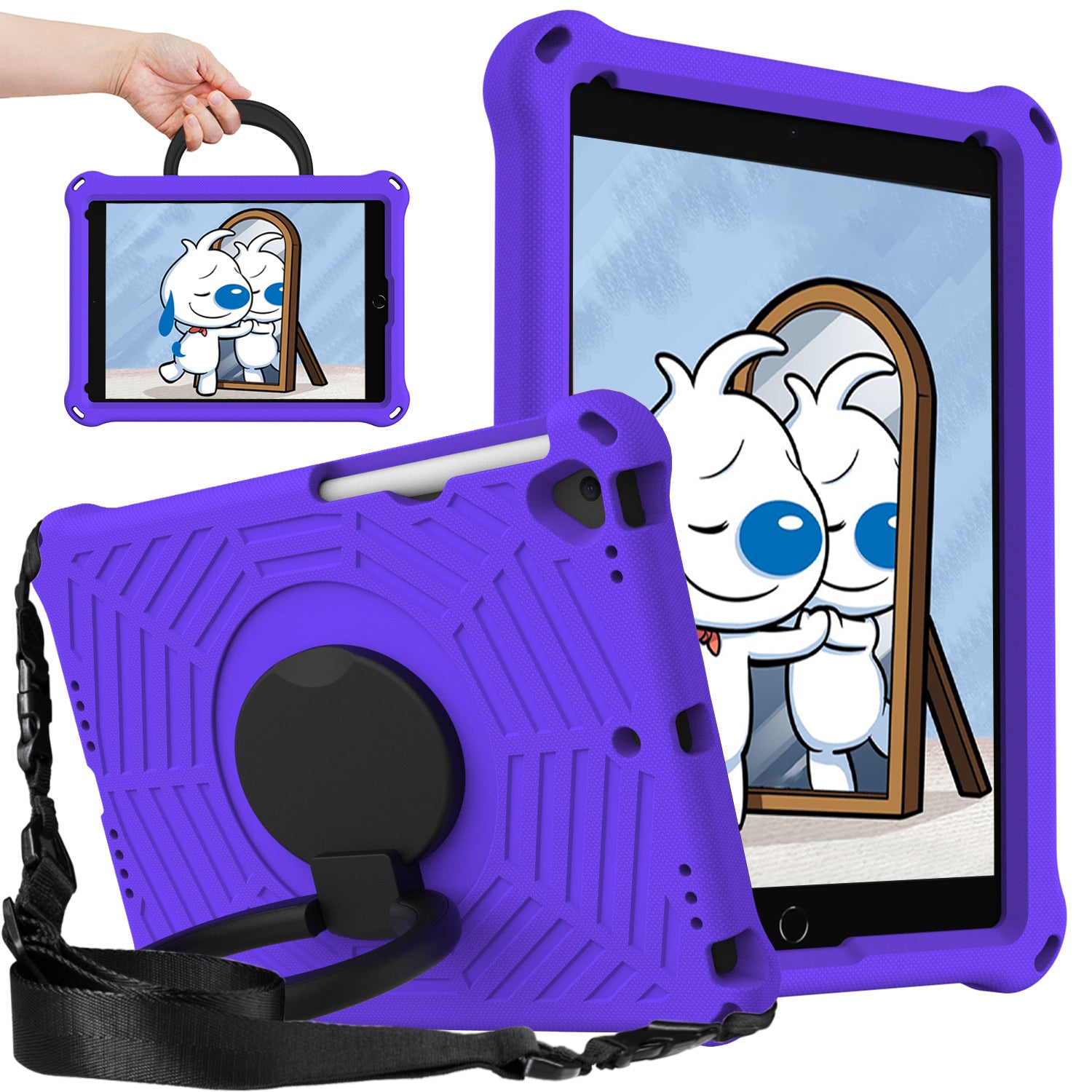 For iPad 10.2 (2021) / (2020) / (2019) Spider Web Texture EVA Tablet Case Hand Grip Kickstand Shockproof Protective Cover with Shoulder Strap