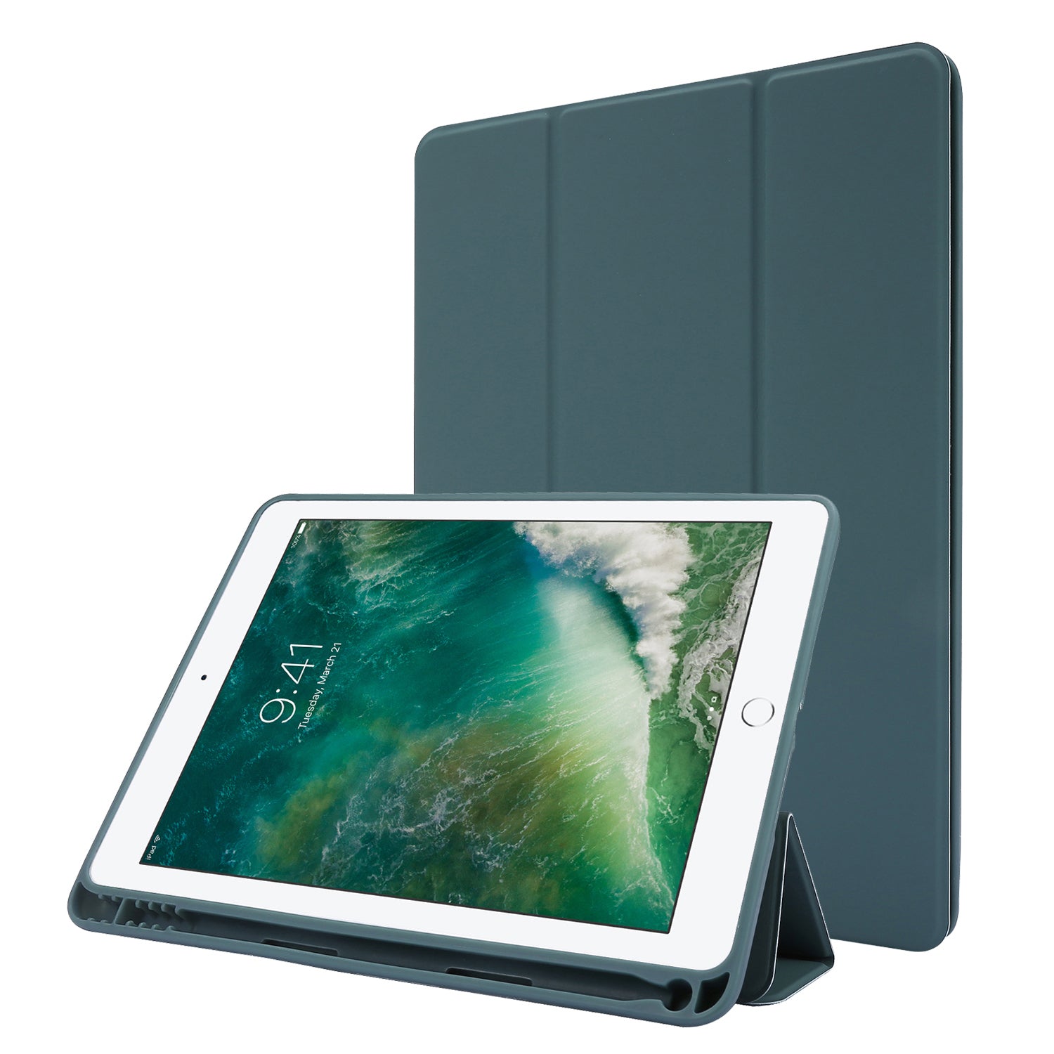 For iPad Air (2013) / Air 2 / 9.7-inch (2017) / 9.7-inch (2018) Skin-touch Feeling Shockproof Tablet Cover PU Leather + TPU Tri-fold Stand Tablet Case with Pen Slot