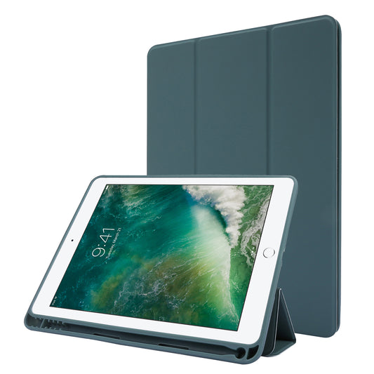 For iPad Air (2013) / Air 2 / 9.7-inch (2017) / 9.7-inch (2018) Skin-touch Feeling Shockproof Tablet Cover PU Leather + TPU Tri-fold Stand Tablet Case with Pen Slot