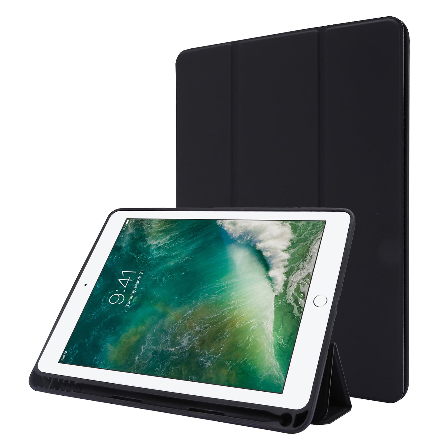 For iPad Air (2013) / Air 2 / 9.7-inch (2017) / 9.7-inch (2018) Skin-touch Feeling Shockproof Tablet Cover PU Leather + TPU Tri-fold Stand Tablet Case with Pen Slot