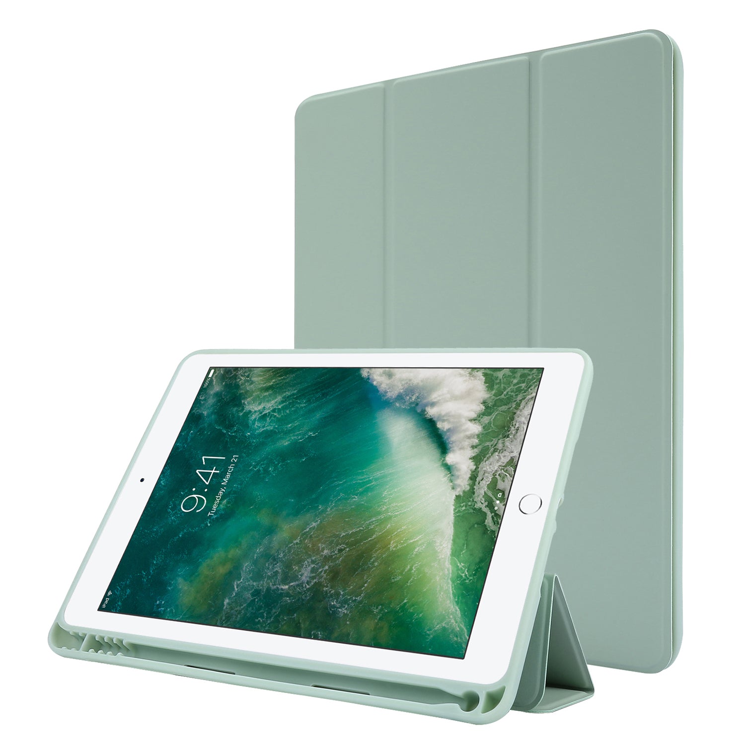 For iPad Air (2013) / Air 2 / 9.7-inch (2017) / 9.7-inch (2018) Skin-touch Feeling Shockproof Tablet Cover PU Leather + TPU Tri-fold Stand Tablet Case with Pen Slot