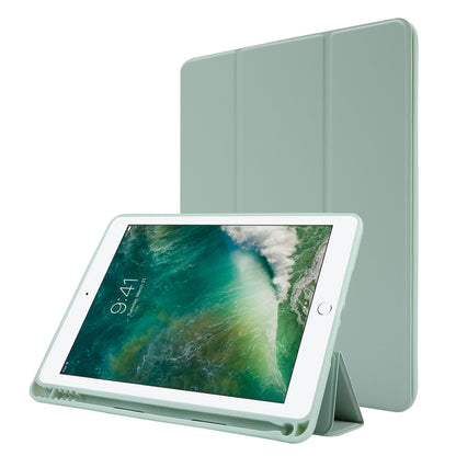 For iPad Air (2013) / Air 2 / 9.7-inch (2017) / 9.7-inch (2018) Skin-touch Feeling Shockproof Tablet Cover PU Leather + TPU Tri-fold Stand Tablet Case with Pen Slot