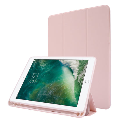 For iPad Air (2013) / Air 2 / 9.7-inch (2017) / 9.7-inch (2018) Skin-touch Feeling Shockproof Tablet Cover PU Leather + TPU Tri-fold Stand Tablet Case with Pen Slot