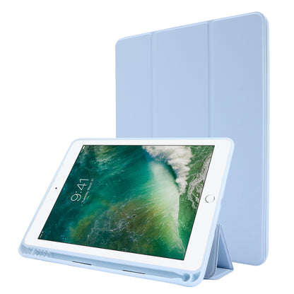 For iPad Air (2013) / Air 2 / 9.7-inch (2017) / 9.7-inch (2018) Skin-touch Feeling Shockproof Tablet Cover PU Leather + TPU Tri-fold Stand Tablet Case with Pen Slot