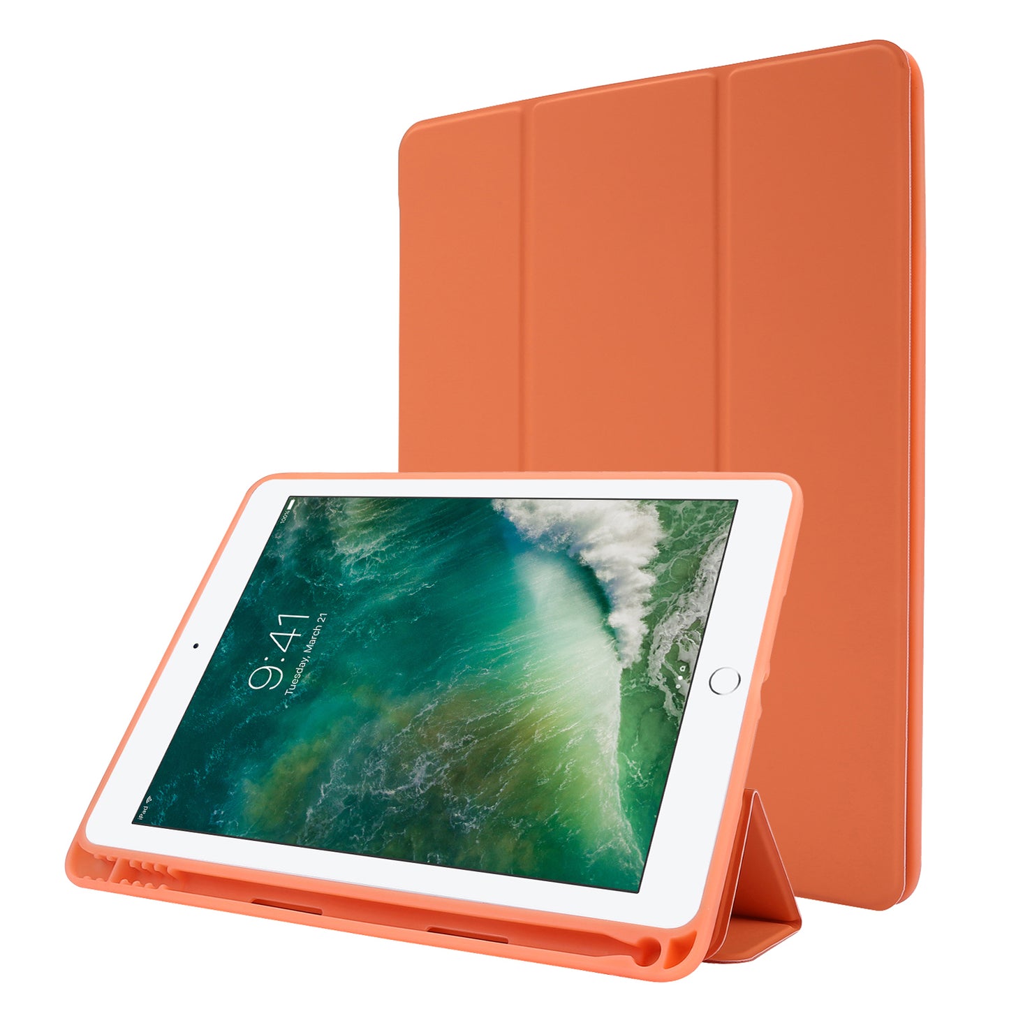 For iPad Air (2013) / Air 2 / 9.7-inch (2017) / 9.7-inch (2018) Skin-touch Feeling Shockproof Tablet Cover PU Leather + TPU Tri-fold Stand Tablet Case with Pen Slot