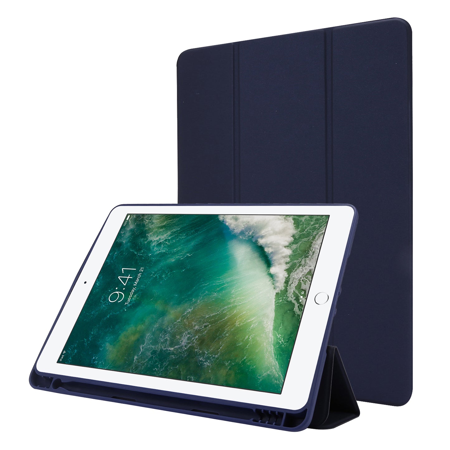 For iPad Air (2013) / Air 2 / 9.7-inch (2017) / 9.7-inch (2018) Skin-touch Feeling Shockproof Tablet Cover PU Leather + TPU Tri-fold Stand Tablet Case with Pen Slot