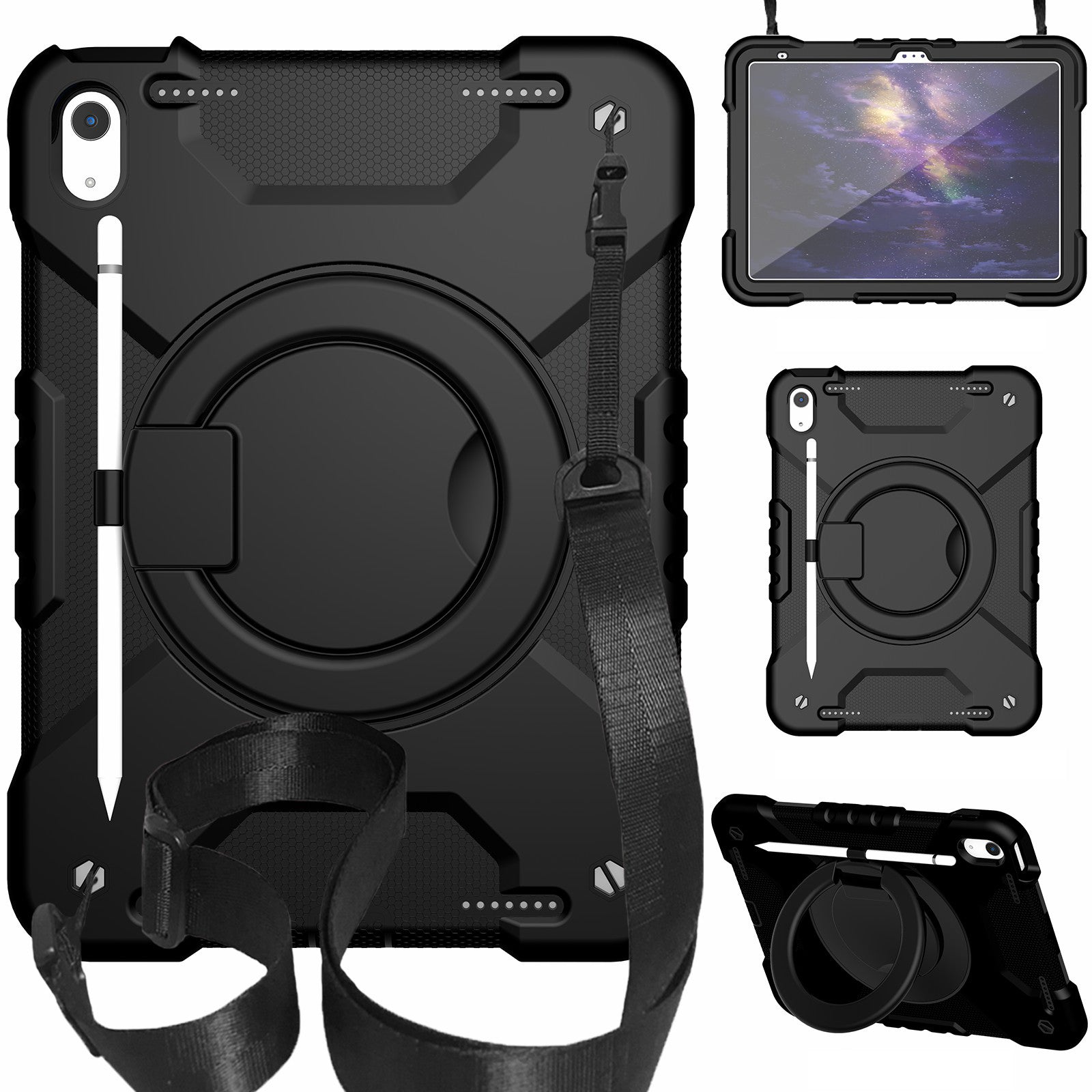 For iPad 10.9 (2022) Shockproof Tablet Case Rotary Kickstand PC + Silicone Tablet Cover with Shoulder Strap