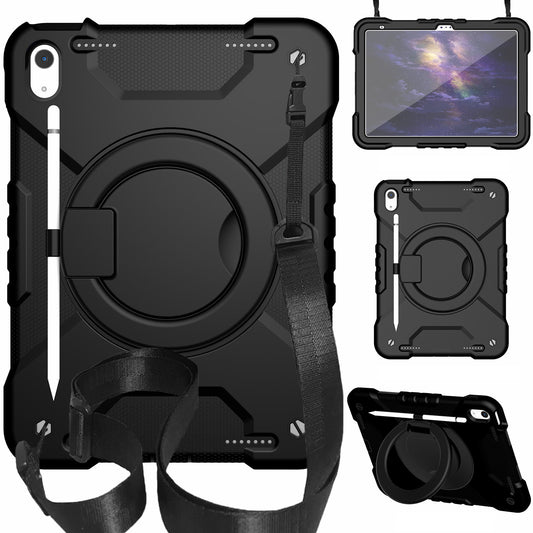 For iPad 10.9 (2022) Shockproof Tablet Case Rotary Kickstand PC + Silicone Tablet Cover with Shoulder Strap