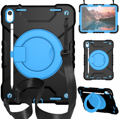 For iPad 10.9 (2022) Shockproof Tablet Case Rotary Kickstand PC + Silicone Tablet Cover with Shoulder Strap