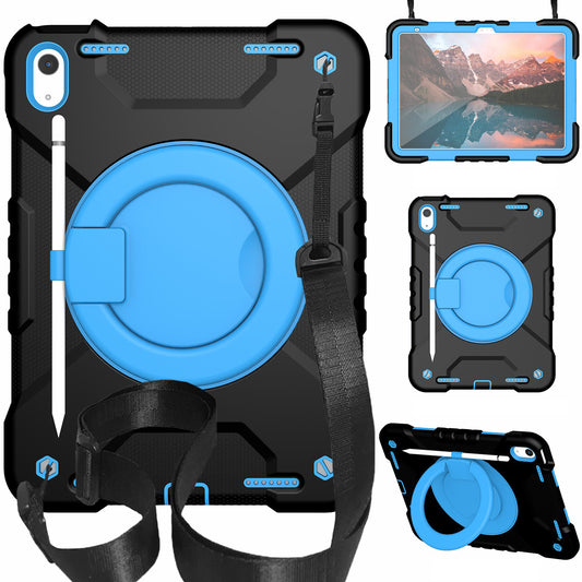 For iPad 10.9 (2022) Shockproof Tablet Case Rotary Kickstand PC + Silicone Tablet Cover with Shoulder Strap