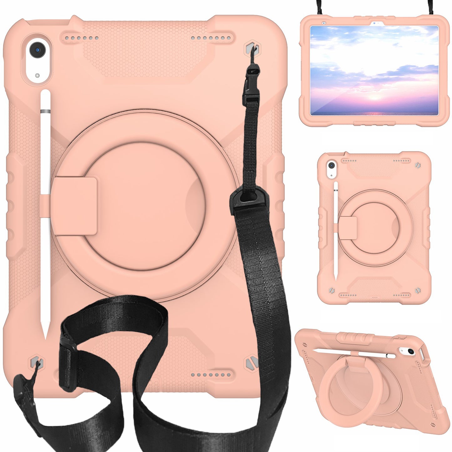For iPad 10.9 (2022) Shockproof Tablet Case Rotary Kickstand PC + Silicone Tablet Cover with Shoulder Strap