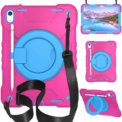 For iPad 10.9 (2022) Shockproof Tablet Case Rotary Kickstand PC + Silicone Tablet Cover with Shoulder Strap