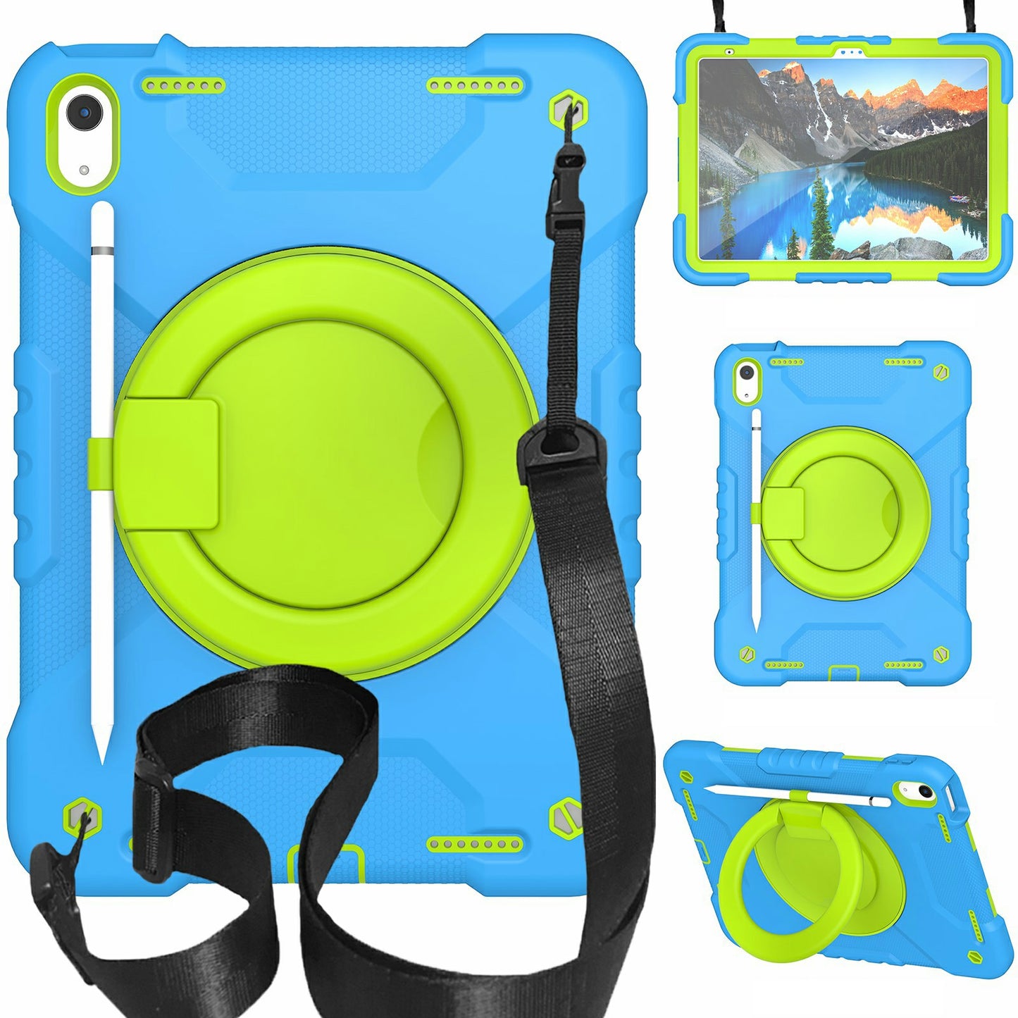 For iPad 10.9 (2022) Shockproof Tablet Case Rotary Kickstand PC + Silicone Tablet Cover with Shoulder Strap