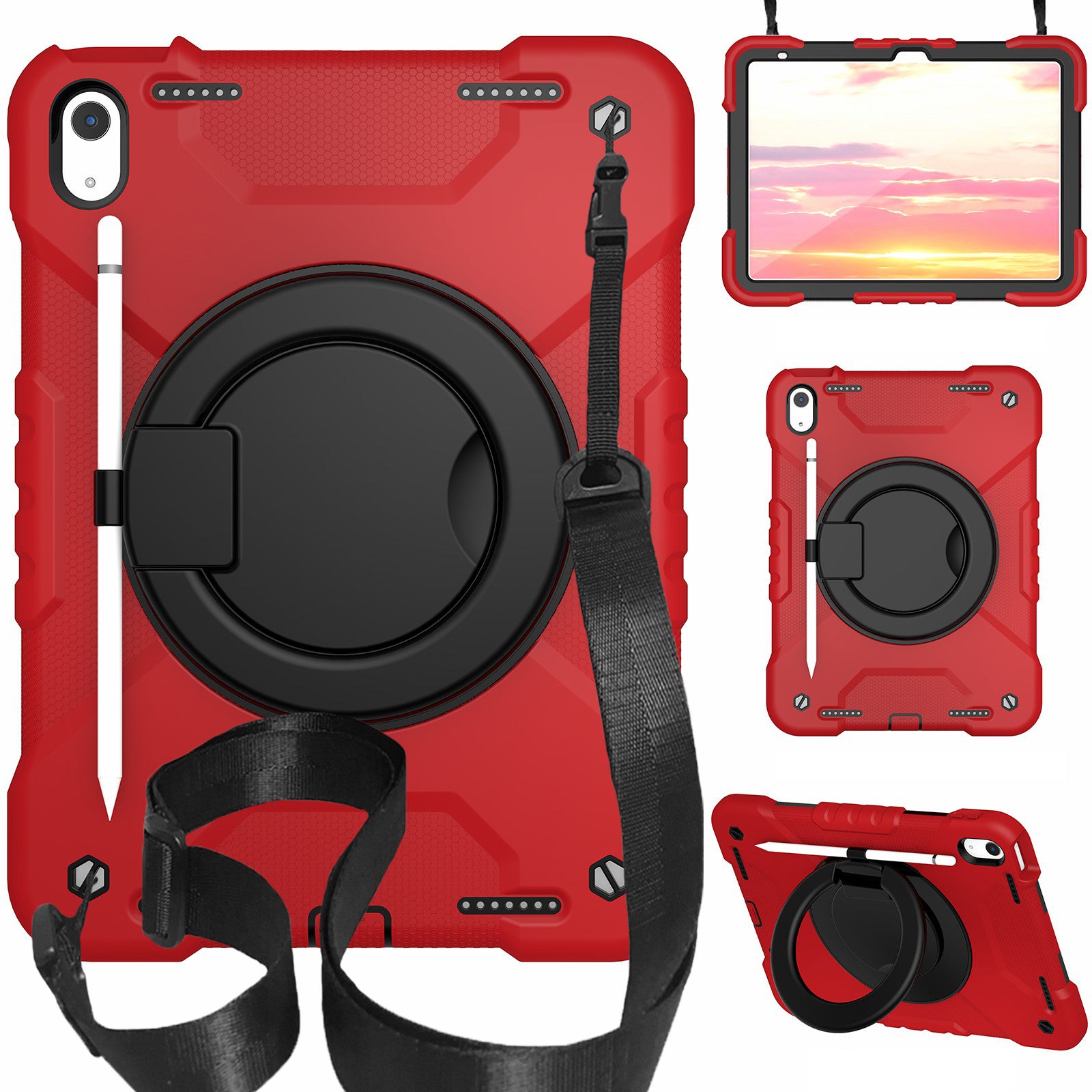 For iPad 10.9 (2022) Shockproof Tablet Case Rotary Kickstand PC + Silicone Tablet Cover with Shoulder Strap