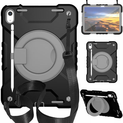 For iPad 10.9 (2022) Shockproof Tablet Case Rotary Kickstand PC + Silicone Tablet Cover with Shoulder Strap