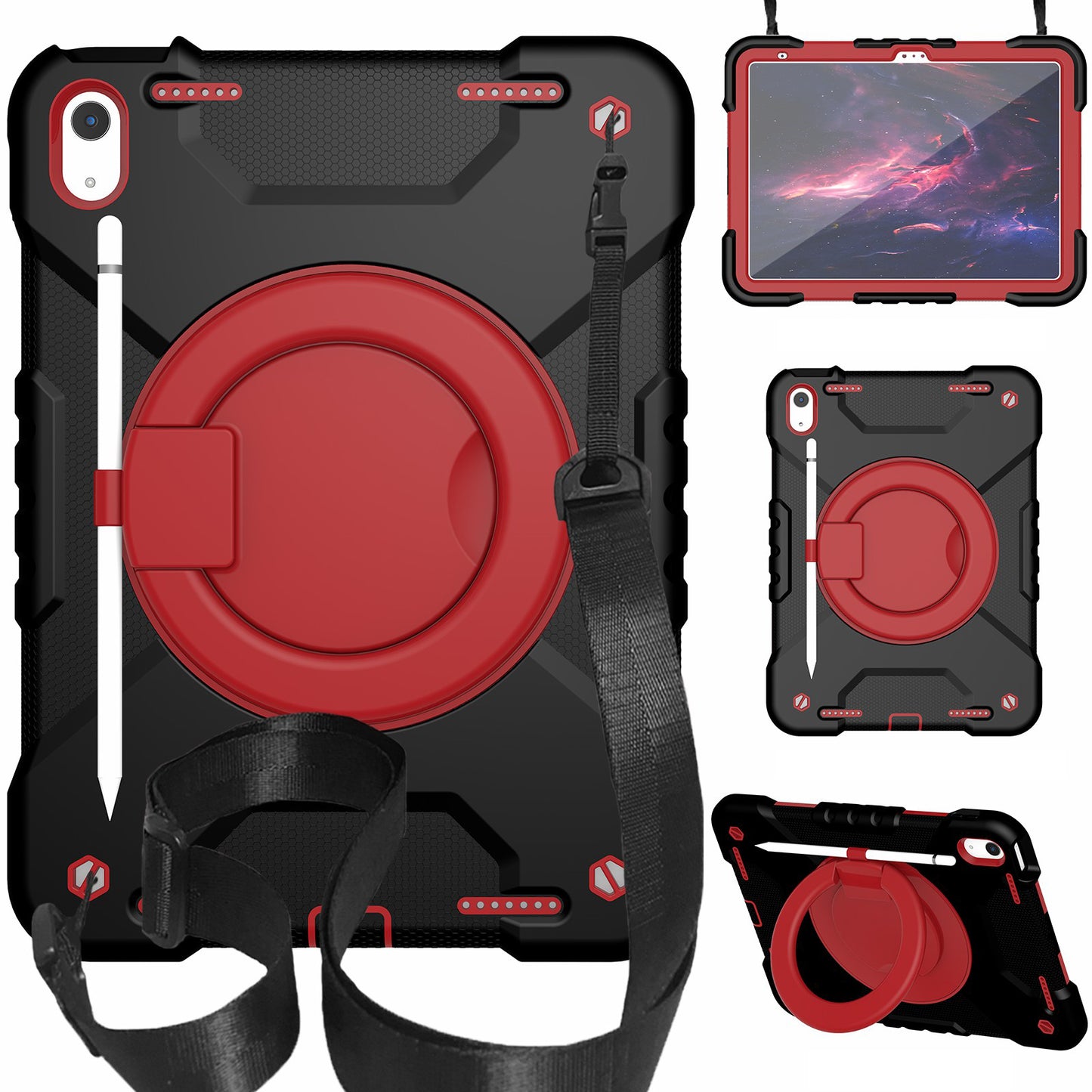 For iPad 10.9 (2022) Shockproof Tablet Case Rotary Kickstand PC + Silicone Tablet Cover with Shoulder Strap