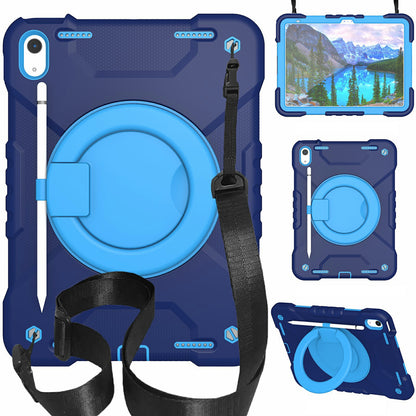 For iPad 10.9 (2022) Shockproof Tablet Case Rotary Kickstand PC + Silicone Tablet Cover with Shoulder Strap