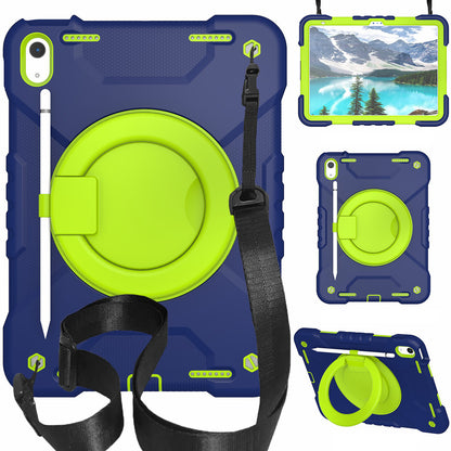 For iPad 10.9 (2022) Shockproof Tablet Case Rotary Kickstand PC + Silicone Tablet Cover with Shoulder Strap