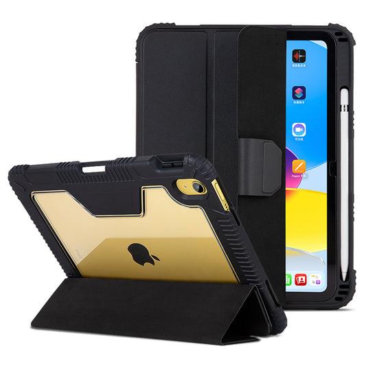 For iPad 10.9 (2022) Trifold Stand Tablet Protective Case PU Leather+TPU+Transparent PC Auto Sleep / Wake Drop-proof Cover with Pen Slot