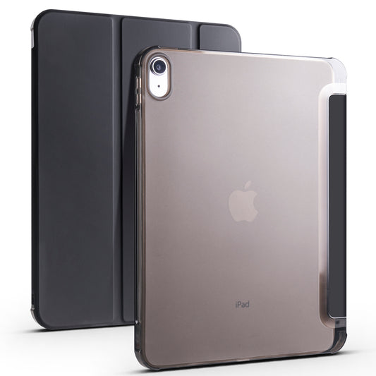 For iPad 10.9 (2022) Tri-fold Stand PU Leather Cover Transparent TPU Tablet Case with Pen Slot