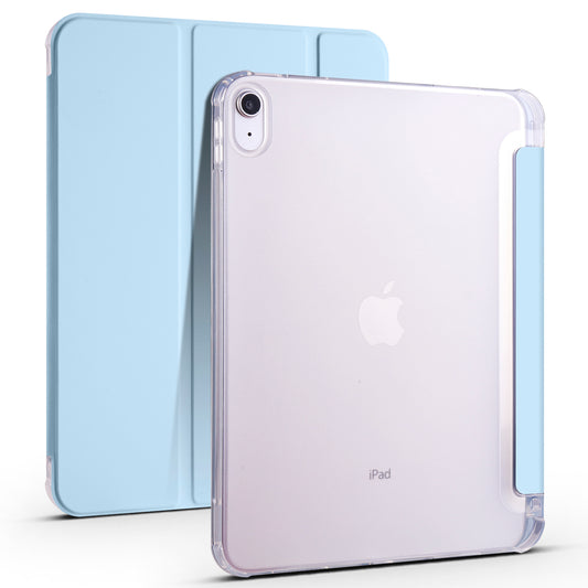 For iPad 10.9 (2022) Tri-fold Stand PU Leather Cover Transparent TPU Tablet Case with Pen Slot